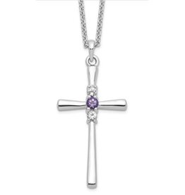 Survivor Collection Sterling Silver Rhodium-plated 16 Inch White and Purple Topaz Faith Cross Necklace with 2 Inch Extender