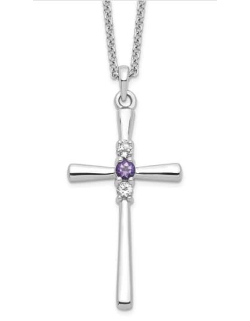 Survivor Collection Sterling Silver Rhodium-plated 16 Inch White and Purple Topaz Faith Cross Necklace with 2 Inch Extender