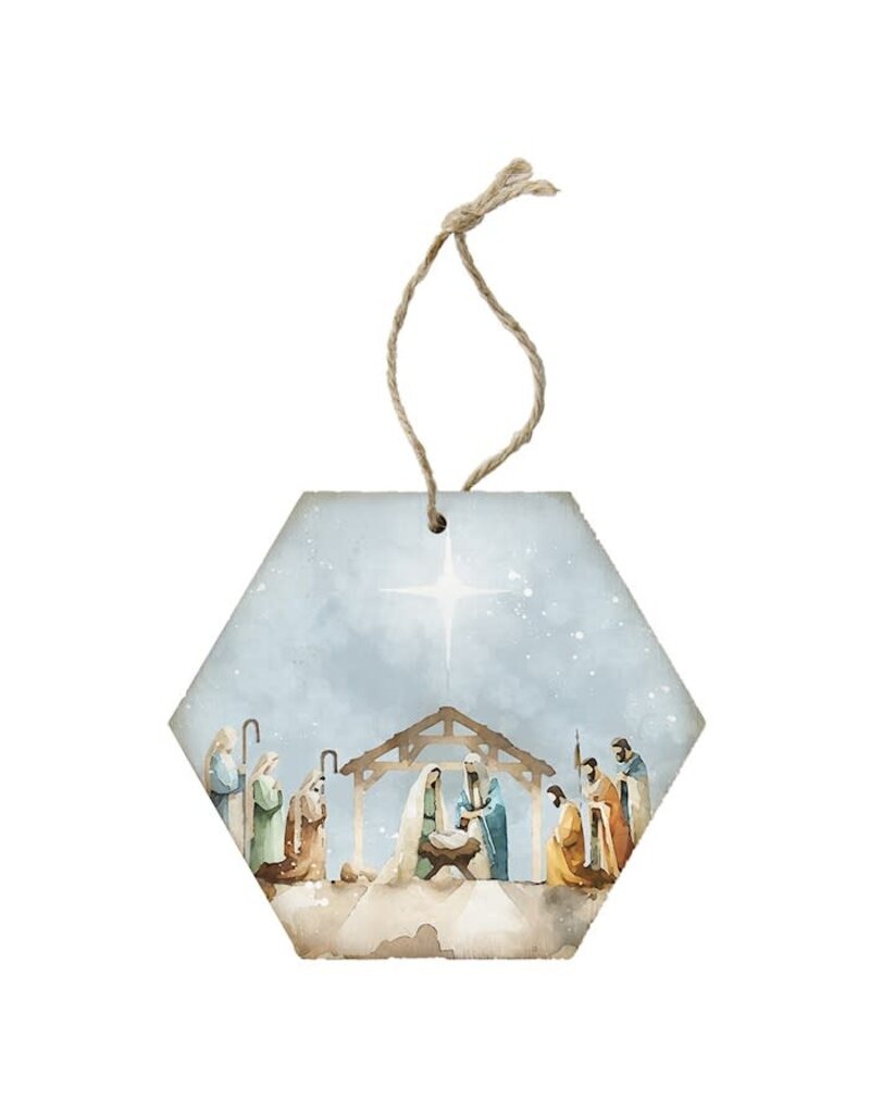 Ornament-Honeycomb-Watercolor Nativity Scene (6.875" x 4.5")
