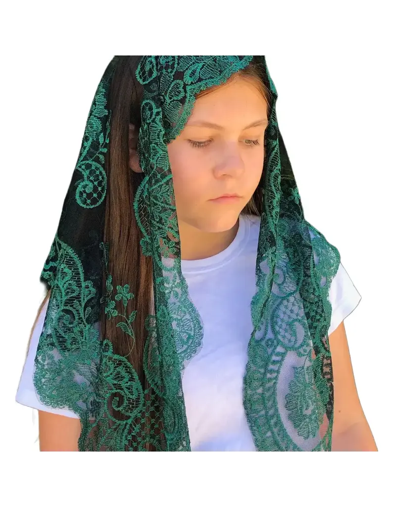 Oremus Mercy Spanish Lace Church Veil, St. Catalina Thomas (Green/Black)