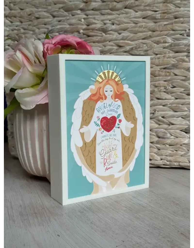 Be Still Prayer Space Illustration in Box Frame - Green Guardian Angel Prayer Card | Be Still Prayer Space