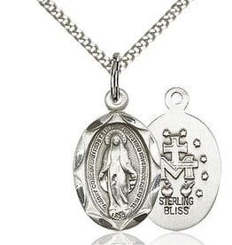 Bliss Manufacturing Sterling Silver Miraculous Medal Charm Pendant With 18" Chain Necklace