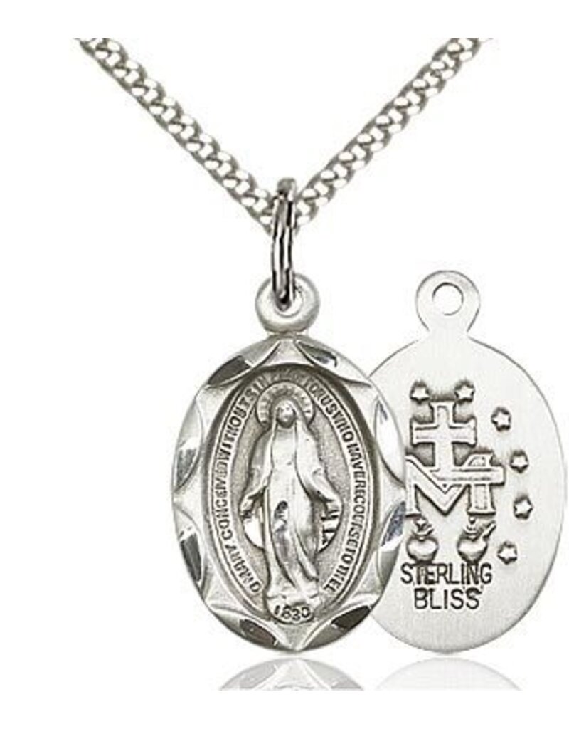 Bliss Manufacturing Sterling Silver Miraculous Medal Charm Pendant With 18" Chain Necklace