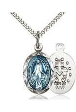 Bliss Manufacturing Sterling Silver Blue Enamel Miraculous Medal Charm Pendant With 18" Chain Necklace
