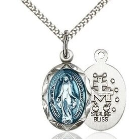 Bliss Manufacturing Sterling Silver Blue Enamel Miraculous Medal Charm Pendant With 18" Chain Necklace