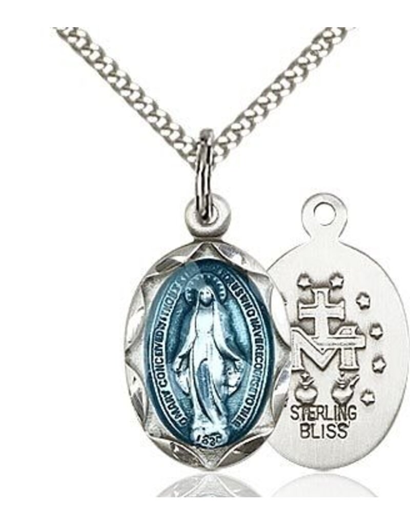 Bliss Manufacturing Sterling Silver Blue Enamel Miraculous Medal Charm Pendant With 18" Chain Necklace