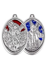 WJ Hirten Antique Silver Oxidized Double Sided Medal - Red Epoxied St. Michael the Archangel and Blue Epoxied Guardian Angel (3.125")