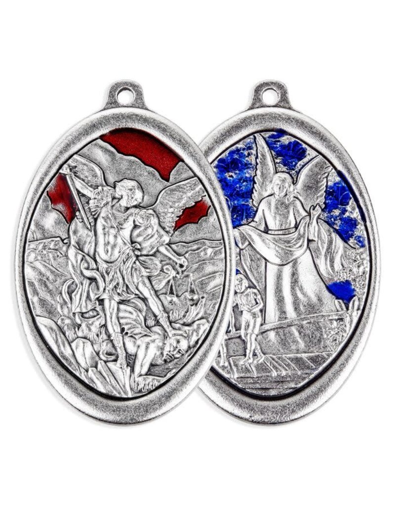 WJ Hirten Antique Silver Oxidized Double Sided Medal - Red Epoxied St. Michael the Archangel and Blue Epoxied Guardian Angel (3.125")