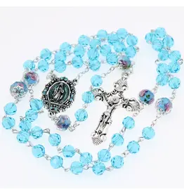 Devon Trading Company Aqua Blue Tin-Cut Crystal Rosary with Enameled Centerpiece