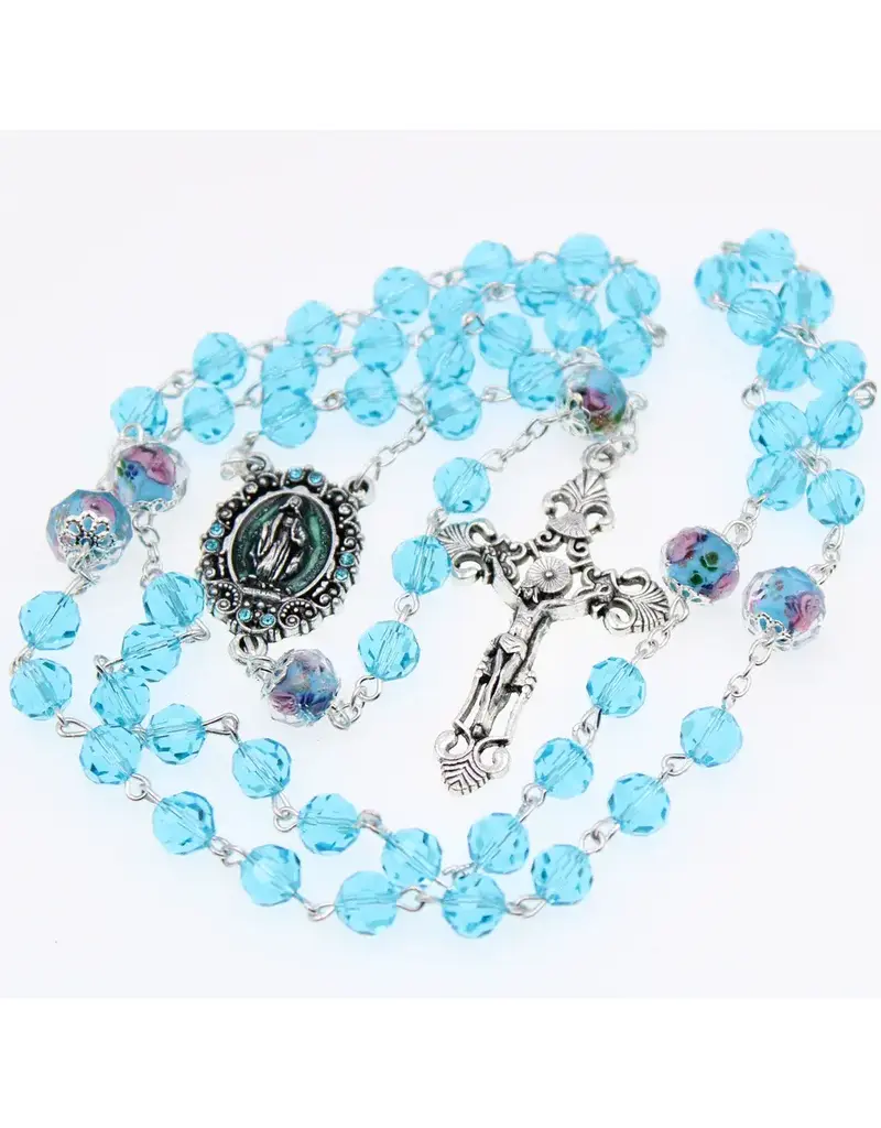 Devon Trading Company Aqua Blue Tin-Cut Crystal Rosary with Enameled Centerpiece