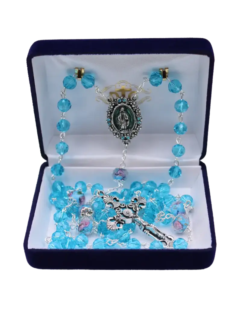Devon Trading Company Aqua Blue Tin-Cut Crystal Rosary with Enameled Centerpiece