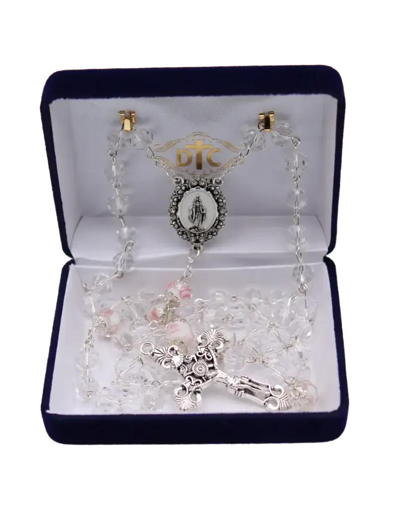 Devon Trading Company Clear Tin-Cut Crystal Rosary with Enameled Centerpiece