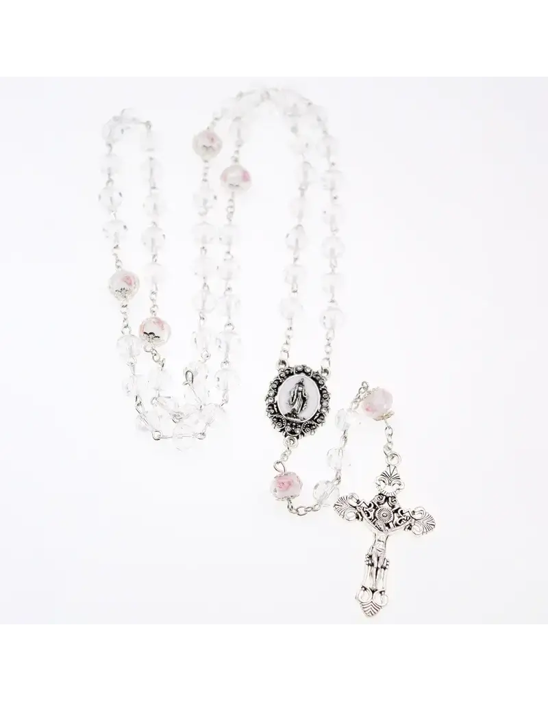Devon Trading Company Clear Tin-Cut Crystal Rosary with Enameled Centerpiece