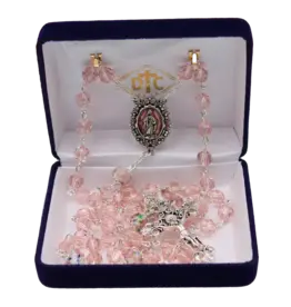 Devon Trading Company Pink Tin-Cut Crystal Rosary with Enameled Centerpiece
