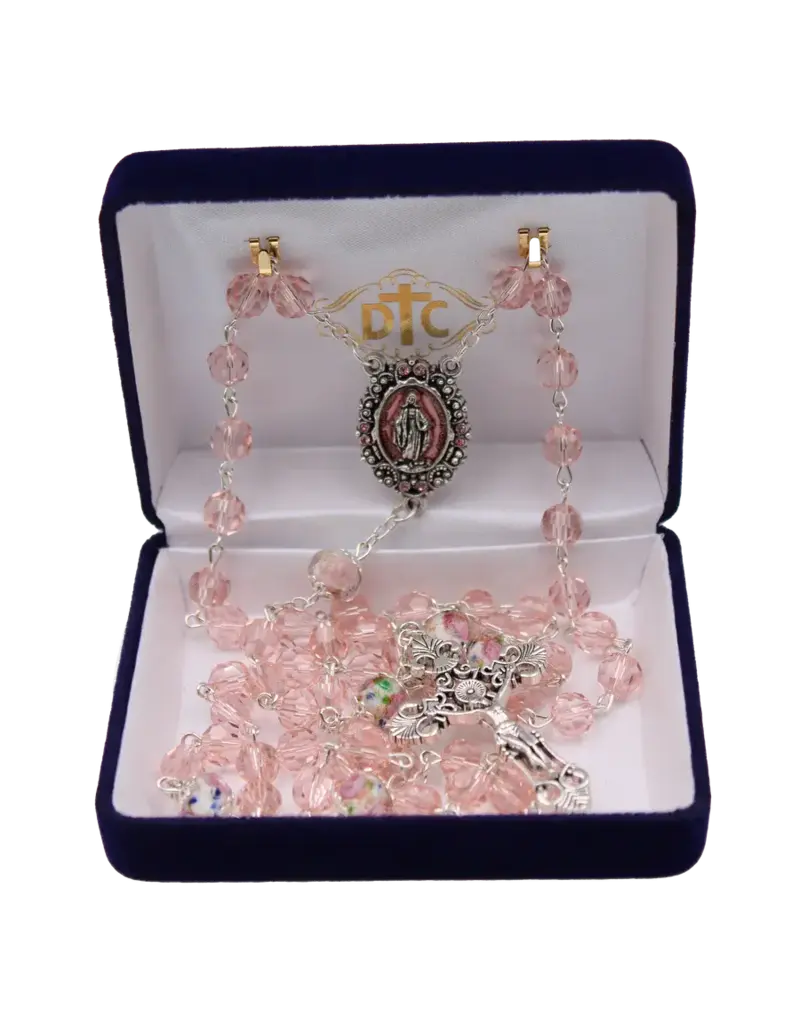 Devon Trading Company Pink Tin-Cut Crystal Rosary with Enameled Centerpiece