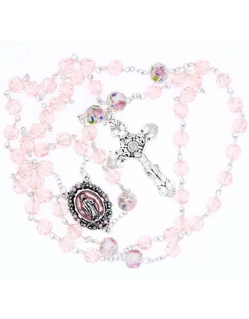 Devon Trading Company Pink Tin-Cut Crystal Rosary with Enameled Centerpiece