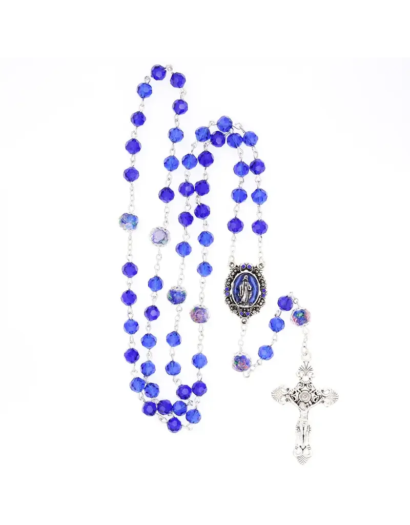 Devon Trading Company Saphire Blue Tin-Cut Crystal Rosary with Enameled Centerpiece