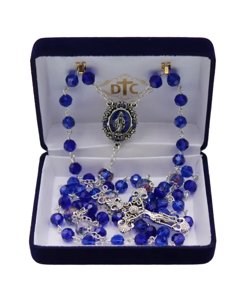 Devon Trading Company Saphire Blue Tin-Cut Crystal Rosary with Enameled Centerpiece