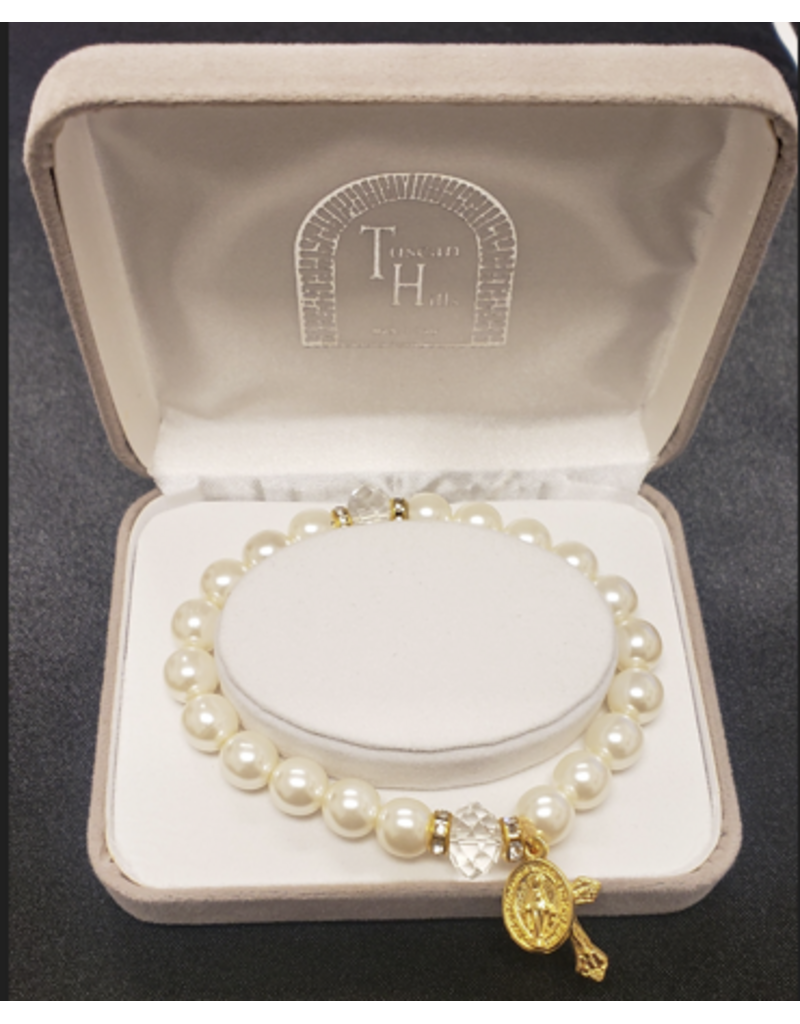 Pearlescent Stretch Bracelet with Gold-Tone Crucifix and Miraculous Medal