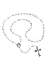 McVan 7mm Pink Pearl Glass Rosary with Enamled Rhodium Crucifix and Center