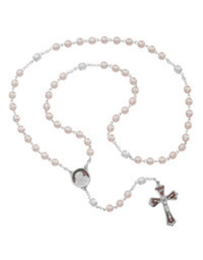 McVan 7mm Pink Pearl Glass Rosary with Enamled Rhodium Crucifix and Center