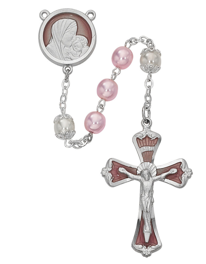 McVan 7mm Pink Pearl Glass Rosary with Enamled Rhodium Crucifix and Center
