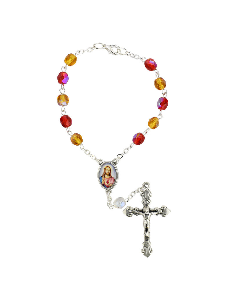 McVan Sacred Heart Auto Rosary with Prayer Card Red and Orange Beads