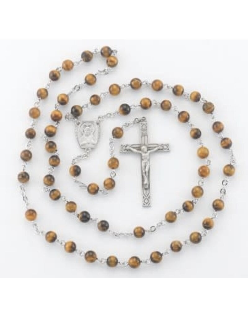 HMH Religious Tiger Eye Bead New England pewter rosary with center and crucifix, 6mm beads
