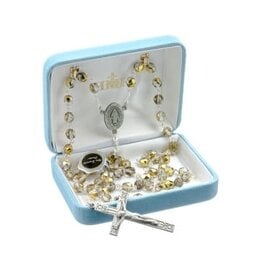 HMH Religious Metallic Gold Faceted Czech Beaded Rosary w/Genuine Pewter Crucifix and Center-6mm beads, 20"