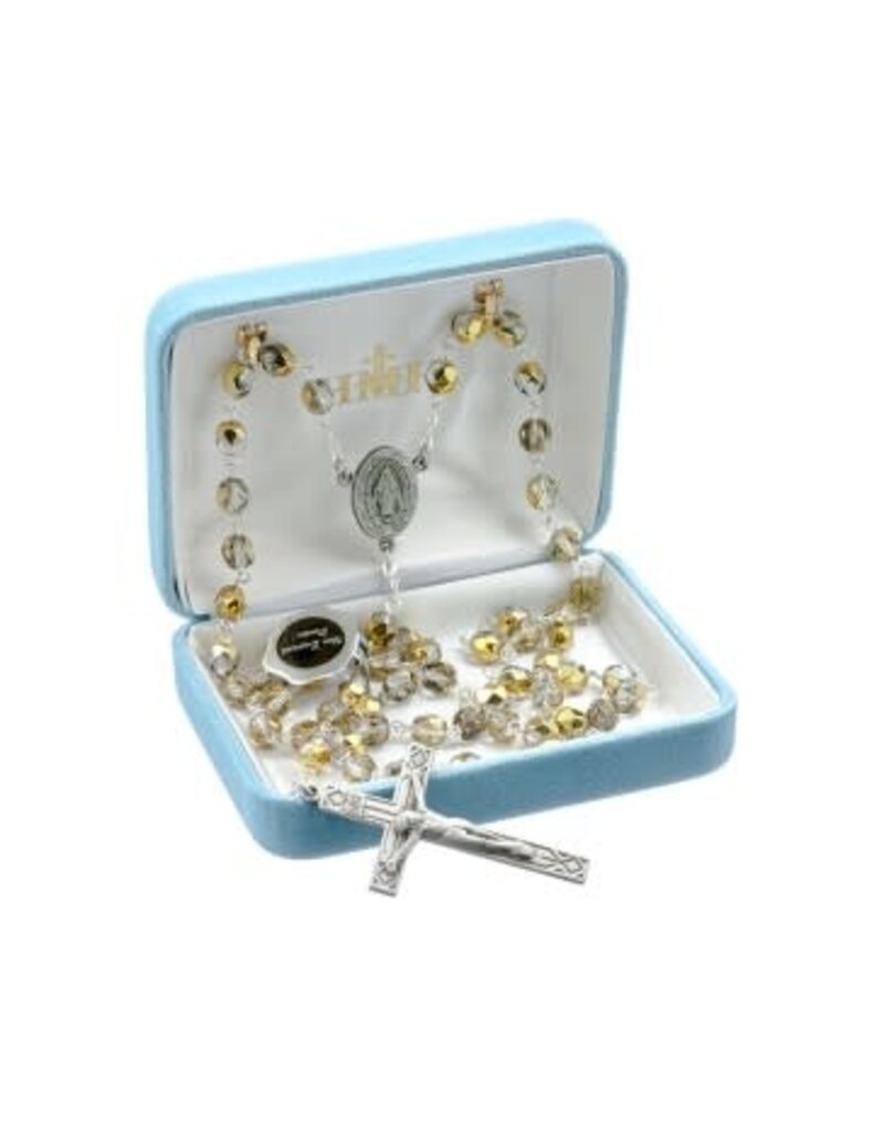 HMH Religious Metallic Gold Faceted Czech Beaded Rosary w/Genuine Pewter Crucifix and Center-6mm beads, 20"