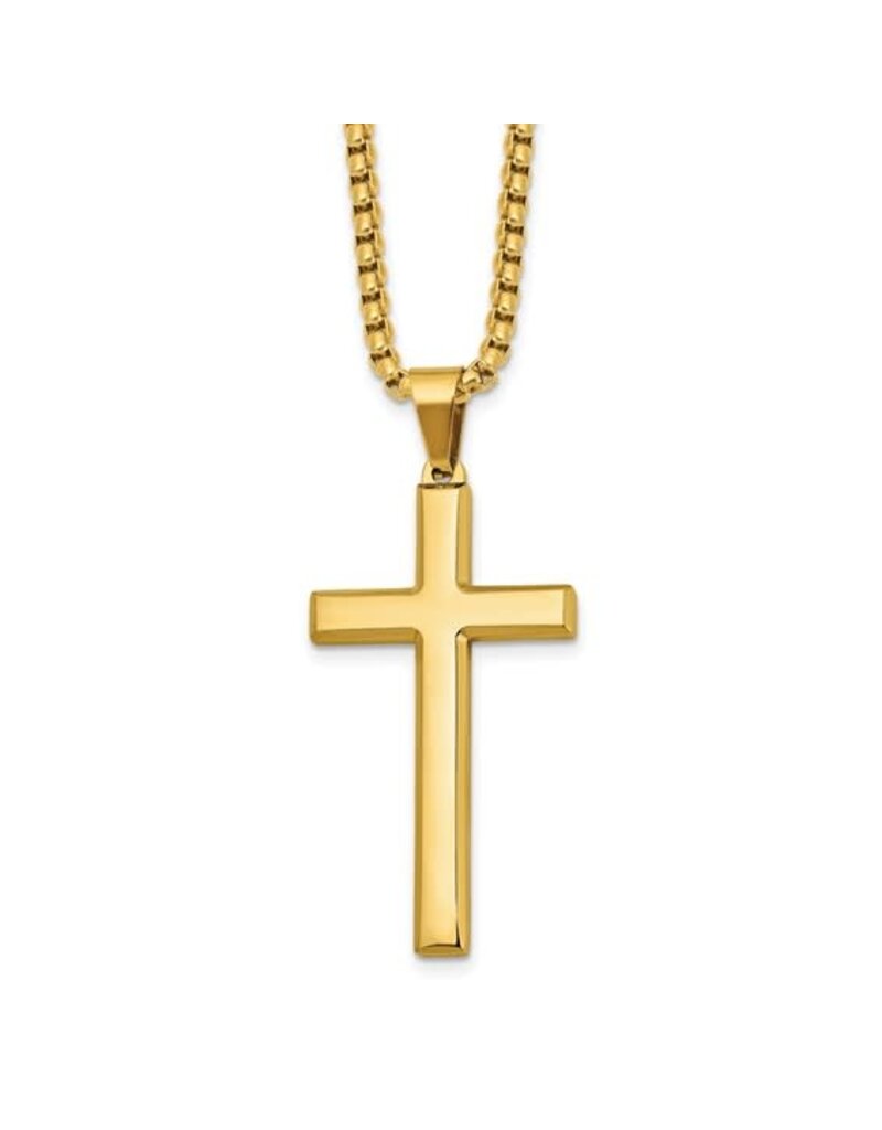 Chisel Steel Polished yello IP-plated Cross, 24in Necklace
