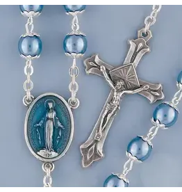 Devon Trading Company Blue Pearl Rosary Enamel Center with Silver Cross