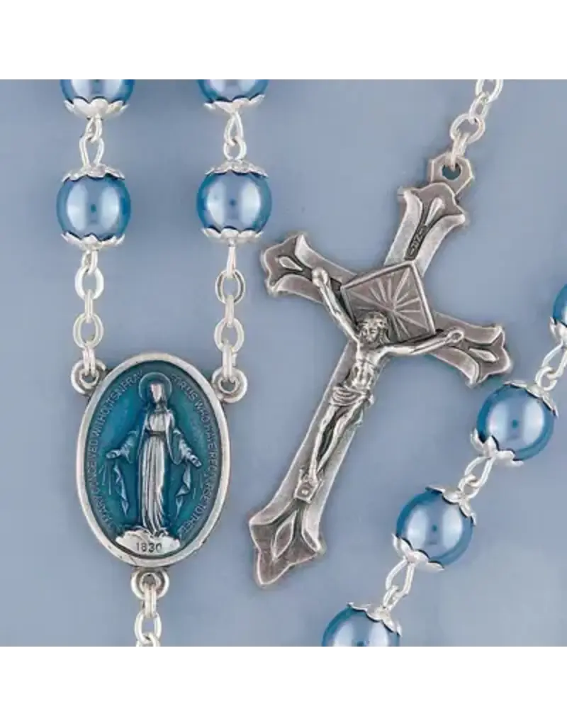 Devon Trading Company Blue Pearl Rosary Enamel Center with Silver Cross