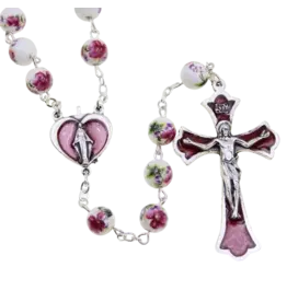 Devon Trading Company Rose Painted Ceramic Bead Rosary with Enameled Center and Crucifix