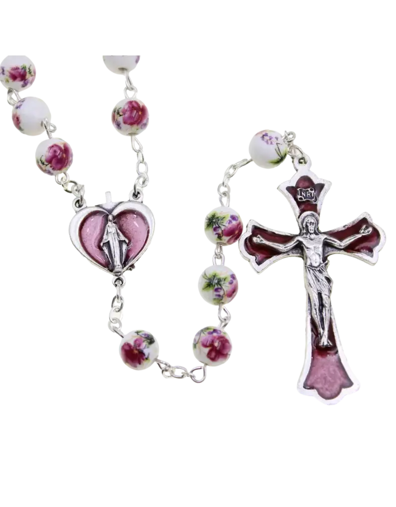 Devon Trading Company Rose Painted Ceramic Bead Rosary with Enameled Center and Crucifix