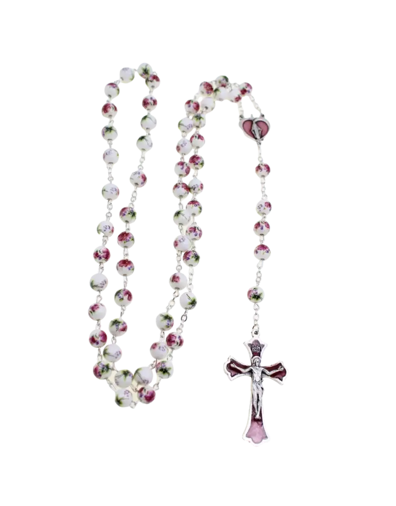 Devon Trading Company Rose Painted Ceramic Bead Rosary with Enameled Center and Crucifix
