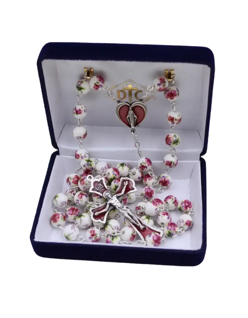 Devon Trading Company Rose Painted Ceramic Bead Rosary with Enameled Center and Crucifix