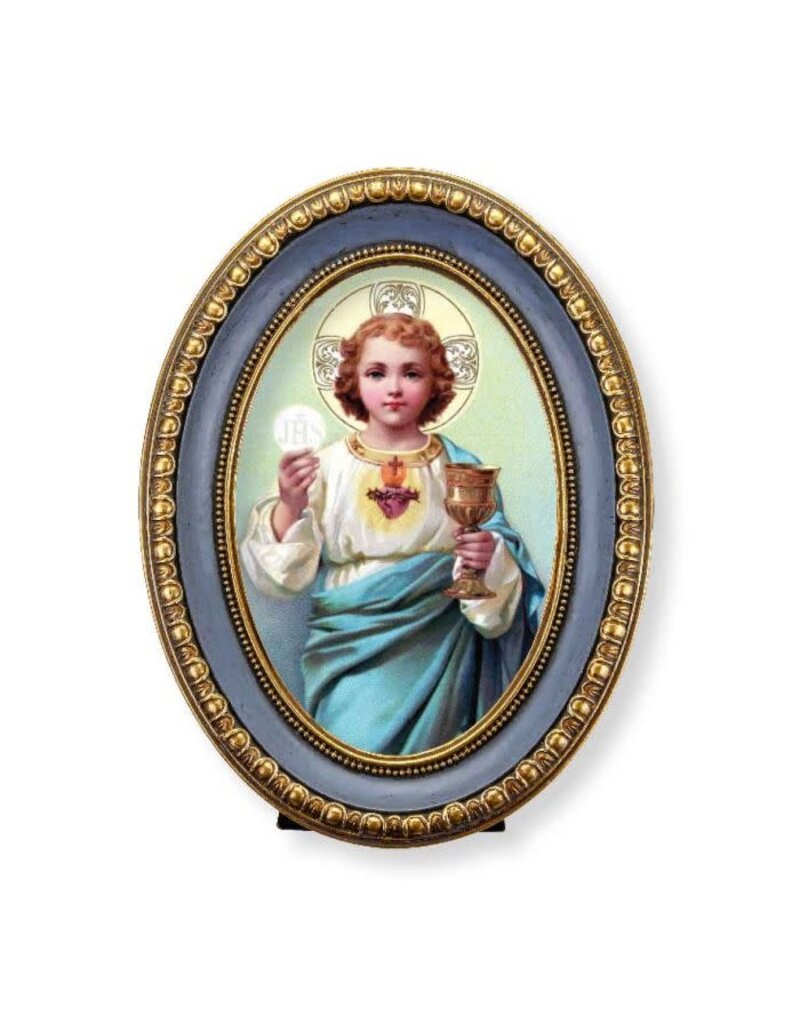 WJ Hirten 5 1/2" x 7 1/2" Oval Gold-Leaf Frame with a Child Jesus with Eucharist