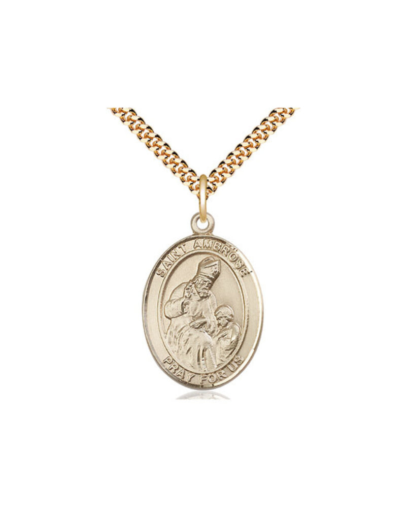 Bliss Manufacturing 12kt Gold Filled St Ambrose Pendant on a 24 inch Gold Plate Heavy Curb Chain.