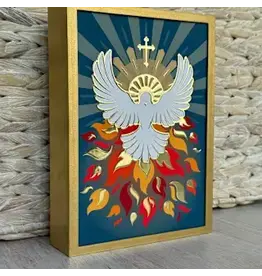 Be Still Prayer Space Illustration in Box Frame - Holy Spirit Dove with Flames, Gold Frame | Be Still Prayer Space