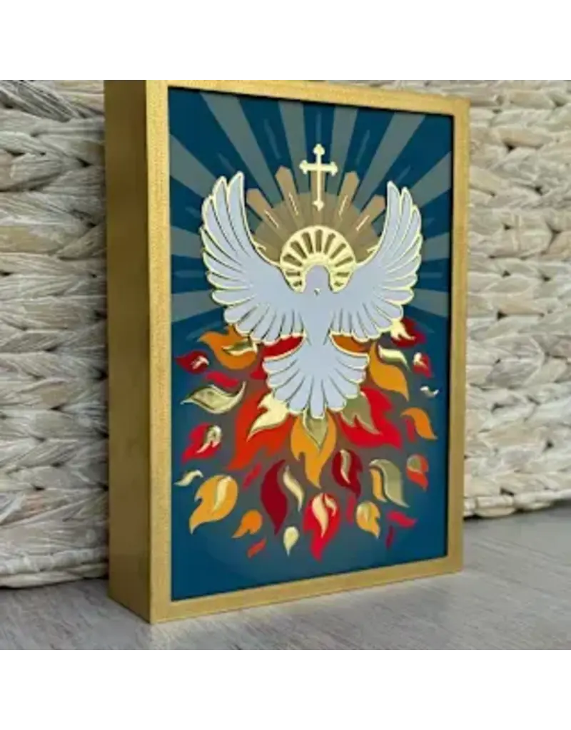 Be Still Prayer Space Illustration in Box Frame - Holy Spirit Dove with Flames, Gold Frame | Be Still Prayer Space
