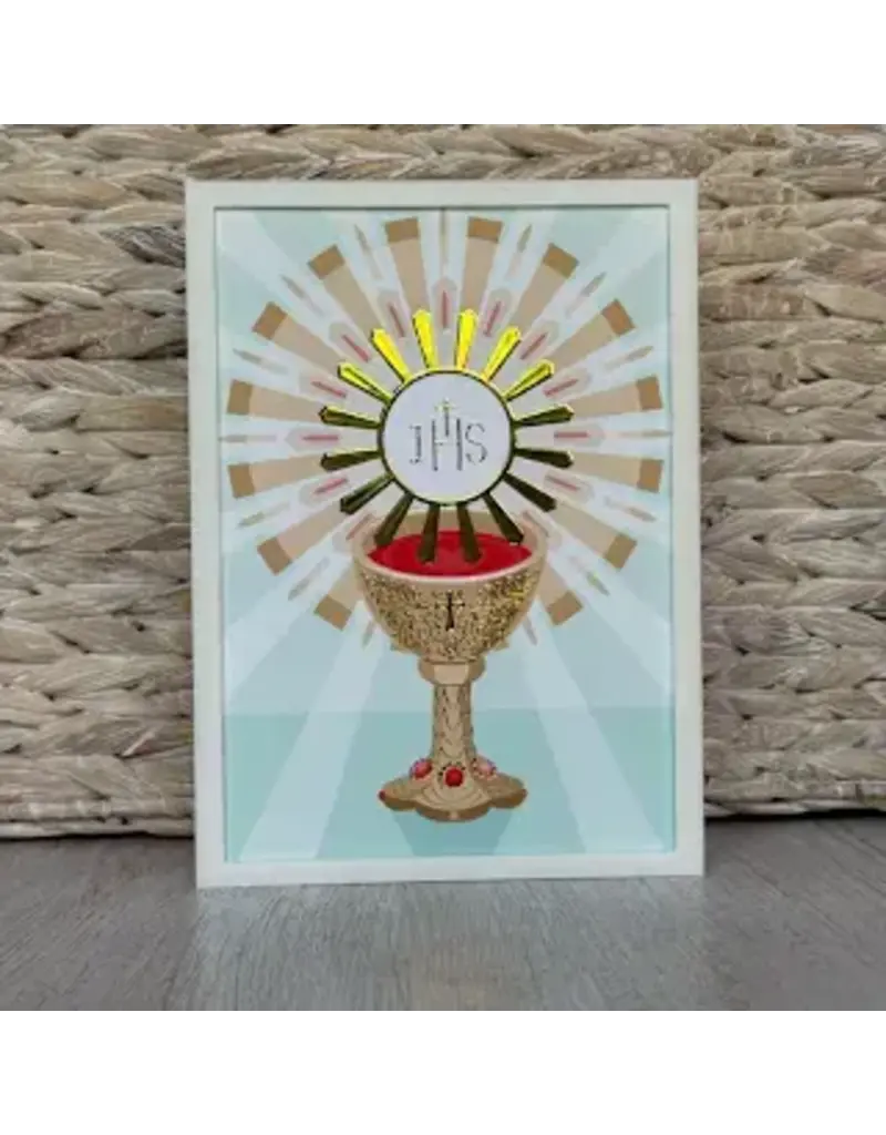 Be Still Prayer Space Illustration in Box Frame - Blessed Sacrament, Light Blue-Green, Gold Frame | Be Still Prayer Space