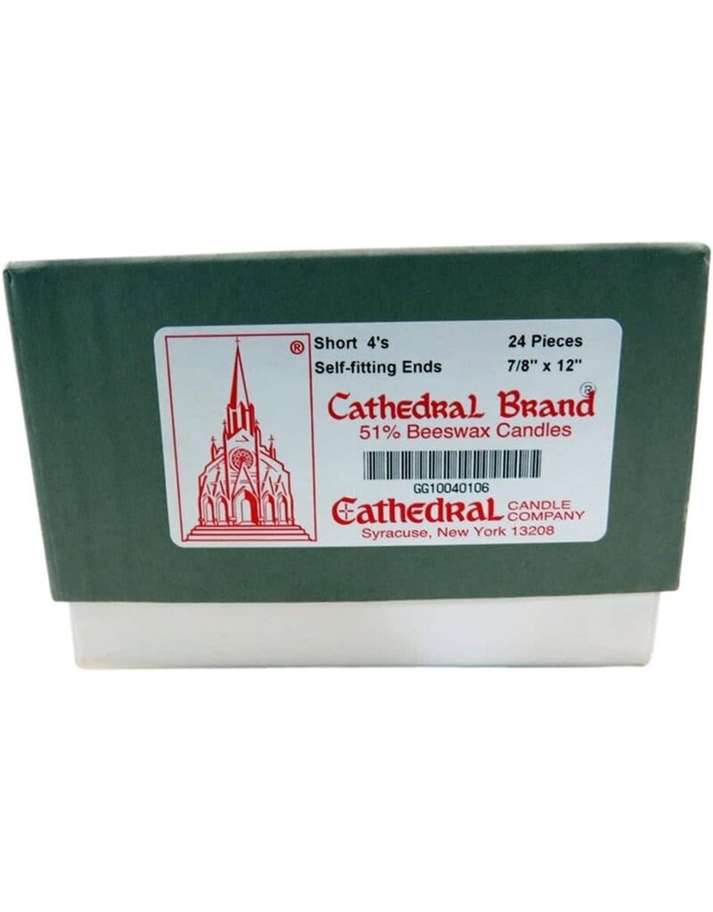 Cathedral Candle Co. 7/8" x 12" 100% Beeswax Short 4s Taper (Self-Fitting Ends, Box of 24)