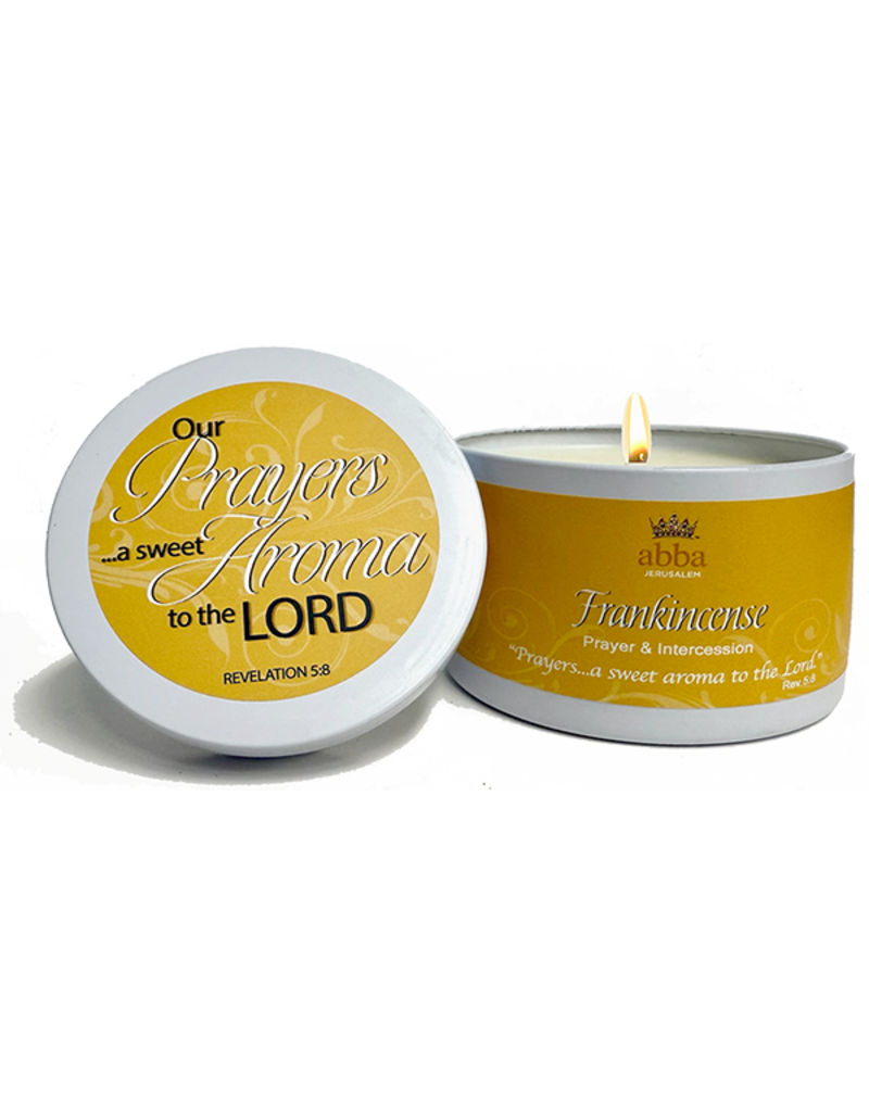 Abba 8 oz. Candle in White Tin w/Scripture - Frankincense