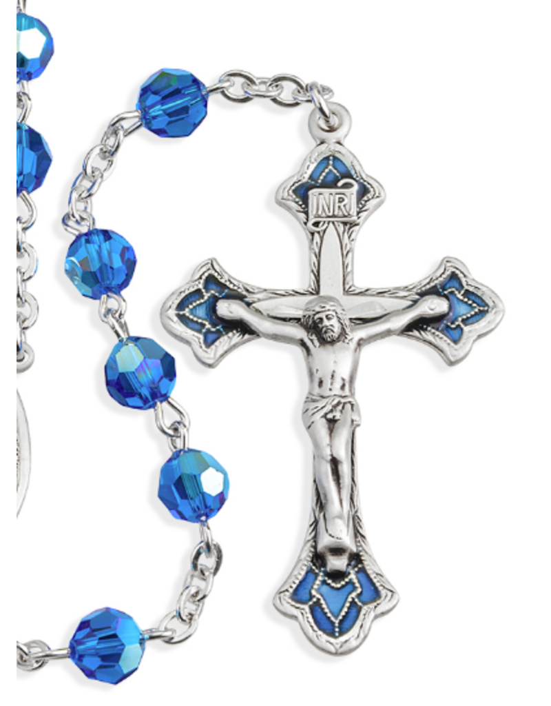 HMH Religious Multi-Faceted Blue Bead Rosary w/ Pewter Blue Enameled Crucifix (6mm)