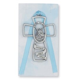 McVan Guardian Angel Pewter Cross with Blue Ribbon