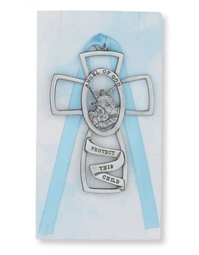 McVan Guardian Angel Pewter Cross with Blue Ribbon
