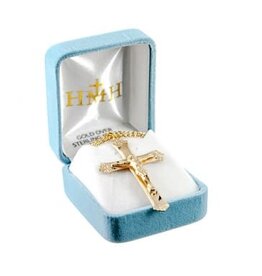 HMH Religious Rosary Crucifix W/ Flower Tips necklace,  Gold Over Sterling Silver- 24" chain