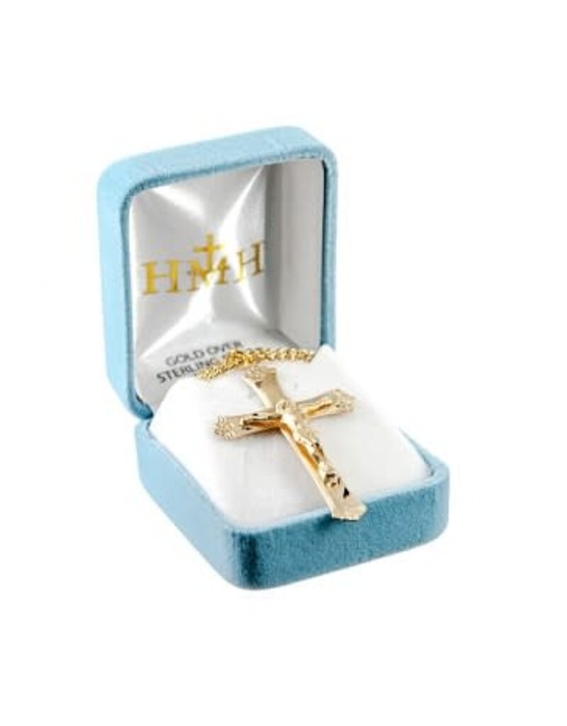 HMH Religious Rosary Crucifix W/ Flower Tips necklace,  Gold Over Sterling Silver- 24" chain