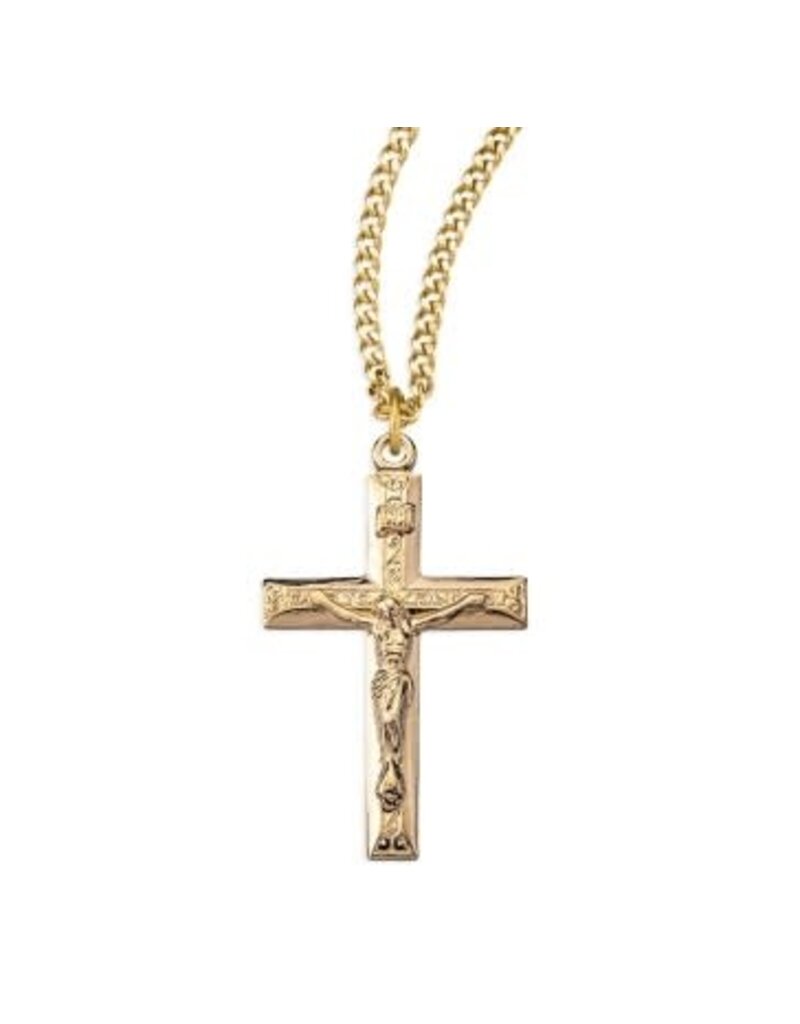 HMH Religious 16kt Gold Over Sterling Crucifix necklace,  w/Raised Design Center 20" chain